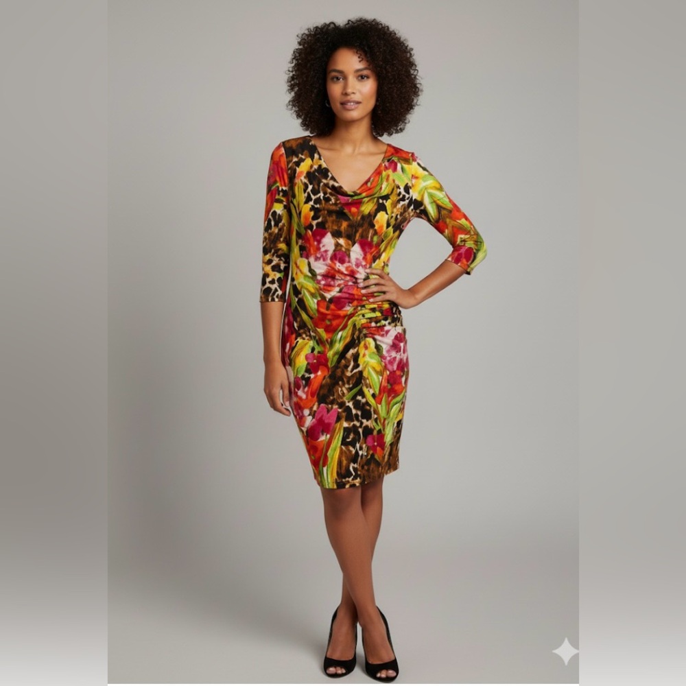 NEW! ECI Colorful Floral and Animal Print Faux Wrap Midi Dress NWT - Size L - Picture 14 of 15
